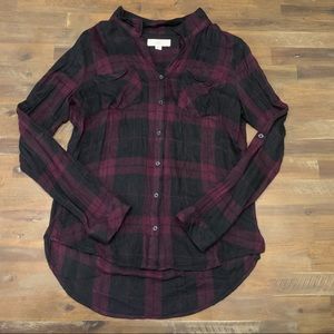Plaid Button-Up Women's Top - Black and Burgundy